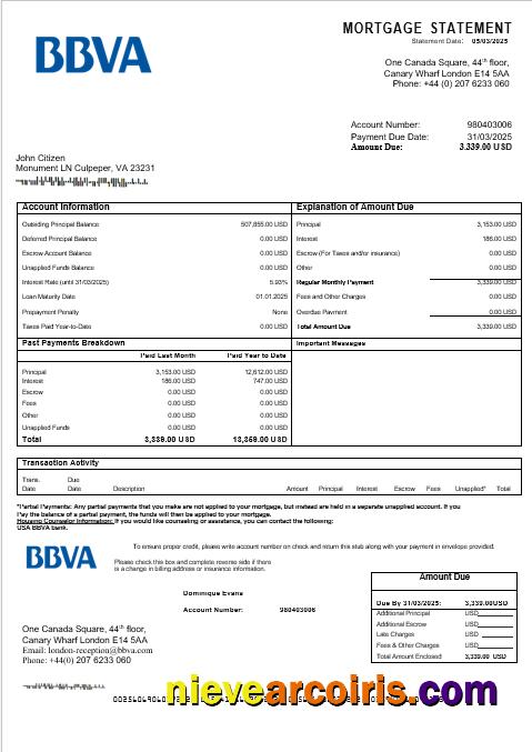 USA BBVA bank mortgage statement